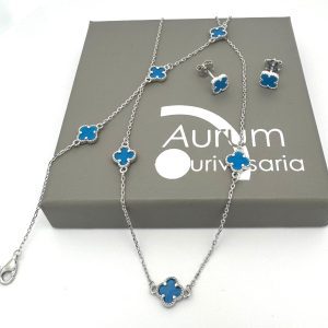 Conjunto de prata brincos, colar e pulseira trevos