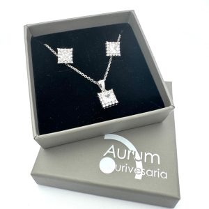 Conjunto de prata brincos e colar quadrado brilhante